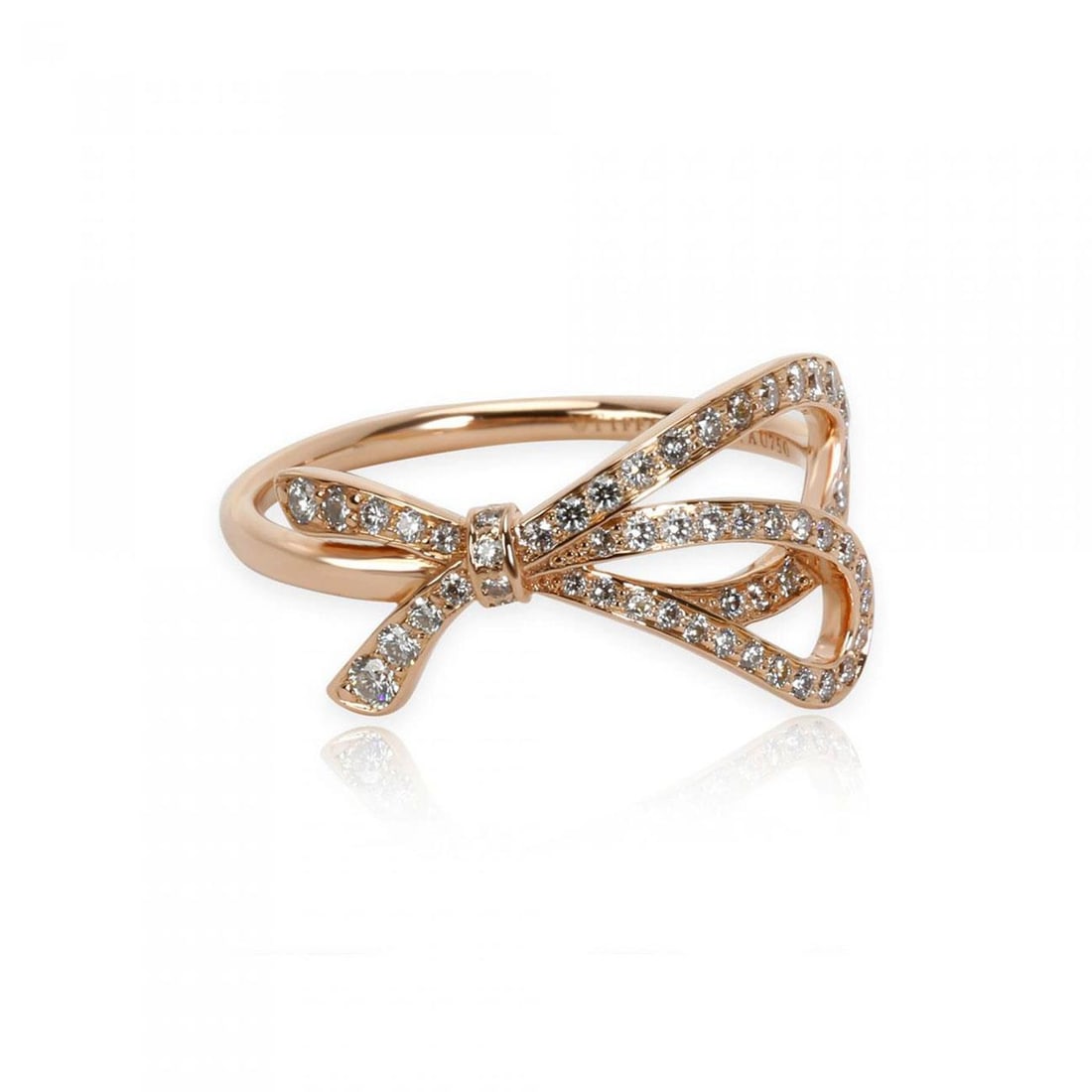 Tiffany & Co. 18k Rose Gold Diamond Ribbon Bow Ring Size 4.75: Tiffany & Co. 18k Rose Gold Diamond Ribbon Bow Ring Size 4.75 This exquisite Tiffany & Co. ring is elegantly crafted from 18k rose gold and features a charming double long loop ribbon bow adorned with
