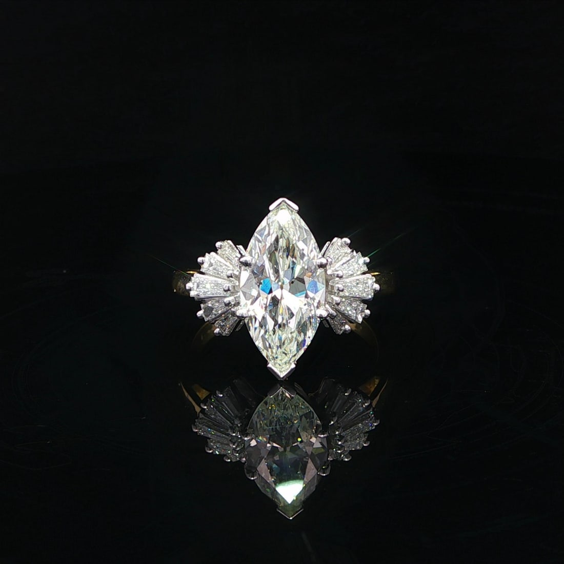 18k Gold Platinum GIA Certified 3.02ctw Marquise Diamond Cocktail Ring: 18k Gold Platinum GIA Certified 3.02ctw Marquise Diamond Cocktail Ring This stunning cocktail ring features a large marquise-cut diamond, weighing 2.58ct, prong set in solid 18k yellow gold with a pla