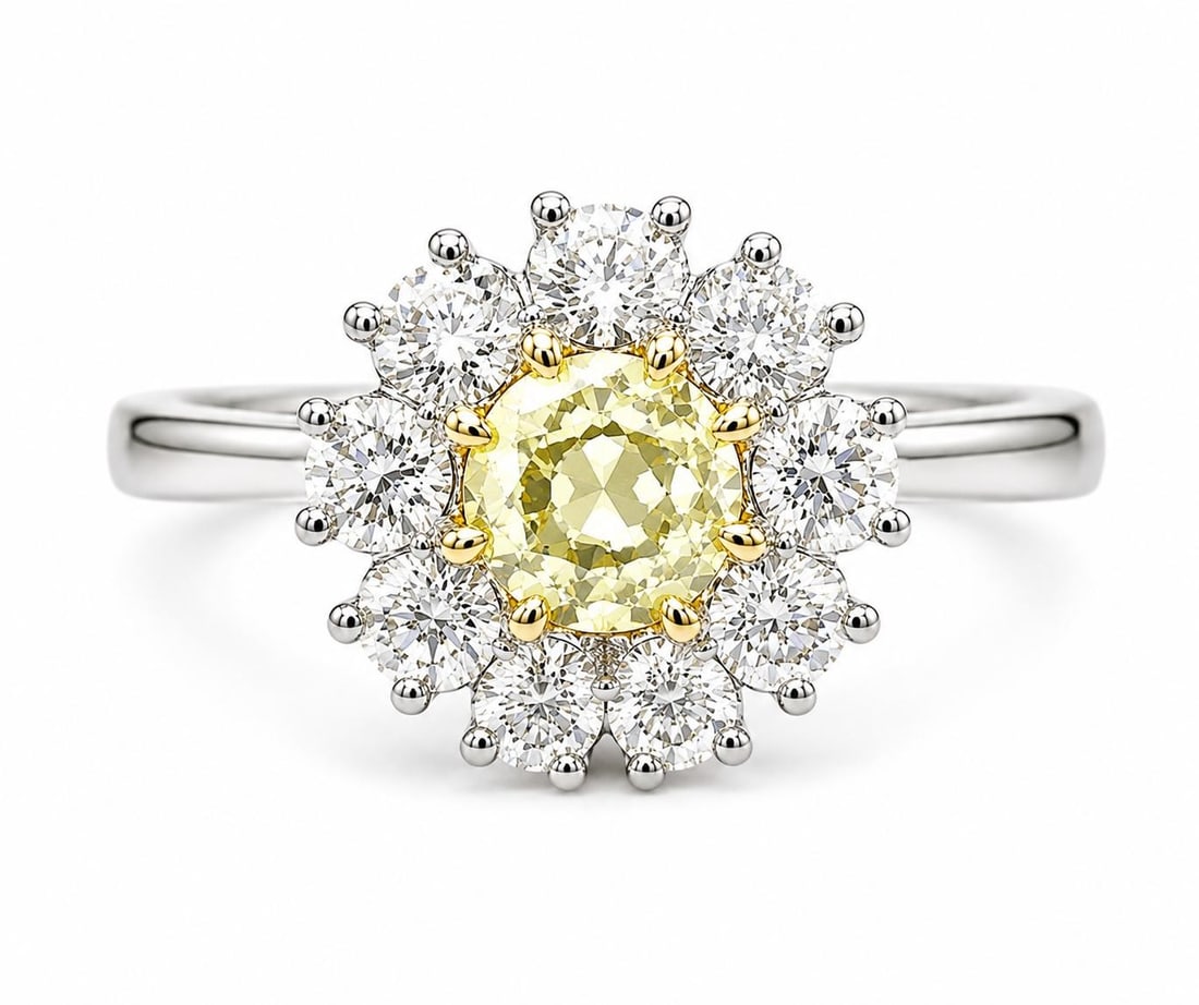 GIA 3.01ctw Yellow Diamond Halo Cocktail Ring in Platinum and 14k Gold: GIA 3.01ctw Yellow Diamond Halo Cocktail Ring in Platinum and 14k Gold Cocktail ring featuring a natural old European cut yellow diamond at the center, surrounded by a white diamond halo in a solid pl