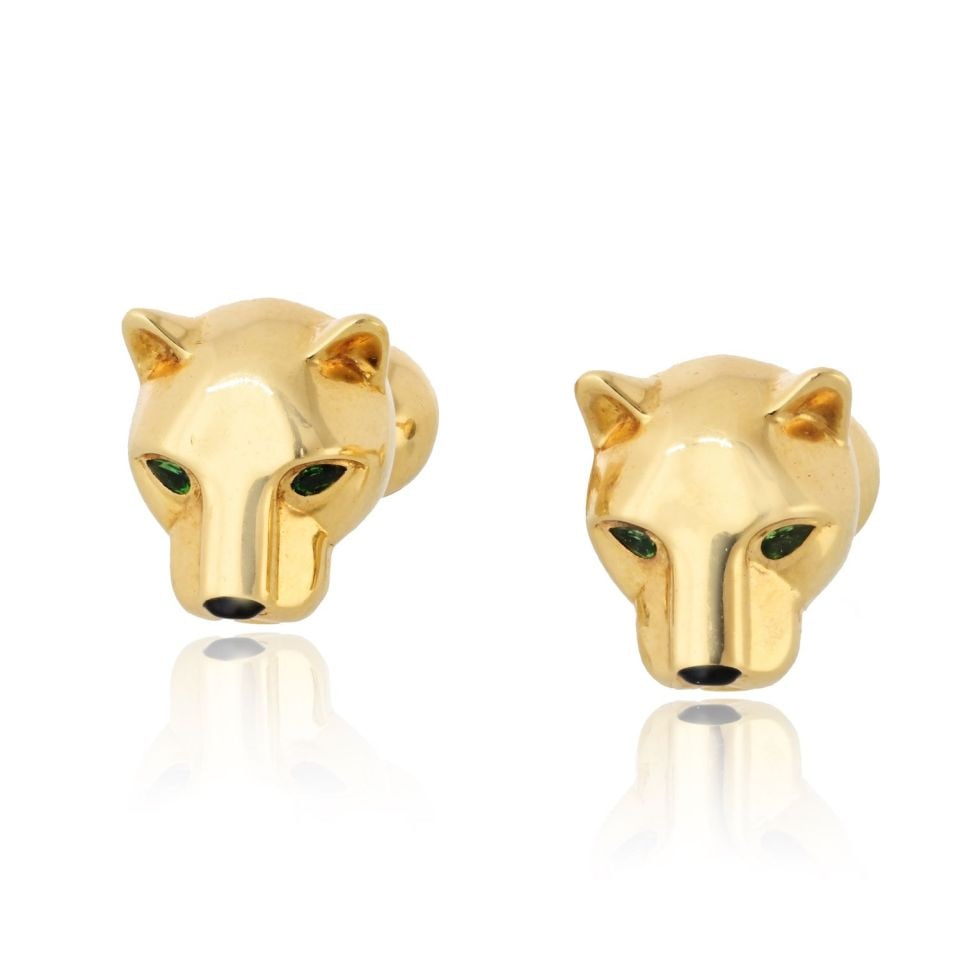 Cartier Panthere Cuff Links 18K Yellow Gold Onyx Eyes Green Gemstones: Cartier Panthere Cuff Links 18K Yellow Gold Onyx Eyes Green Gemstones These Cartier Panthere cuff links are a timeless and elegant accessory, expertly crafted in 18K yellow gold with a high-polish fin