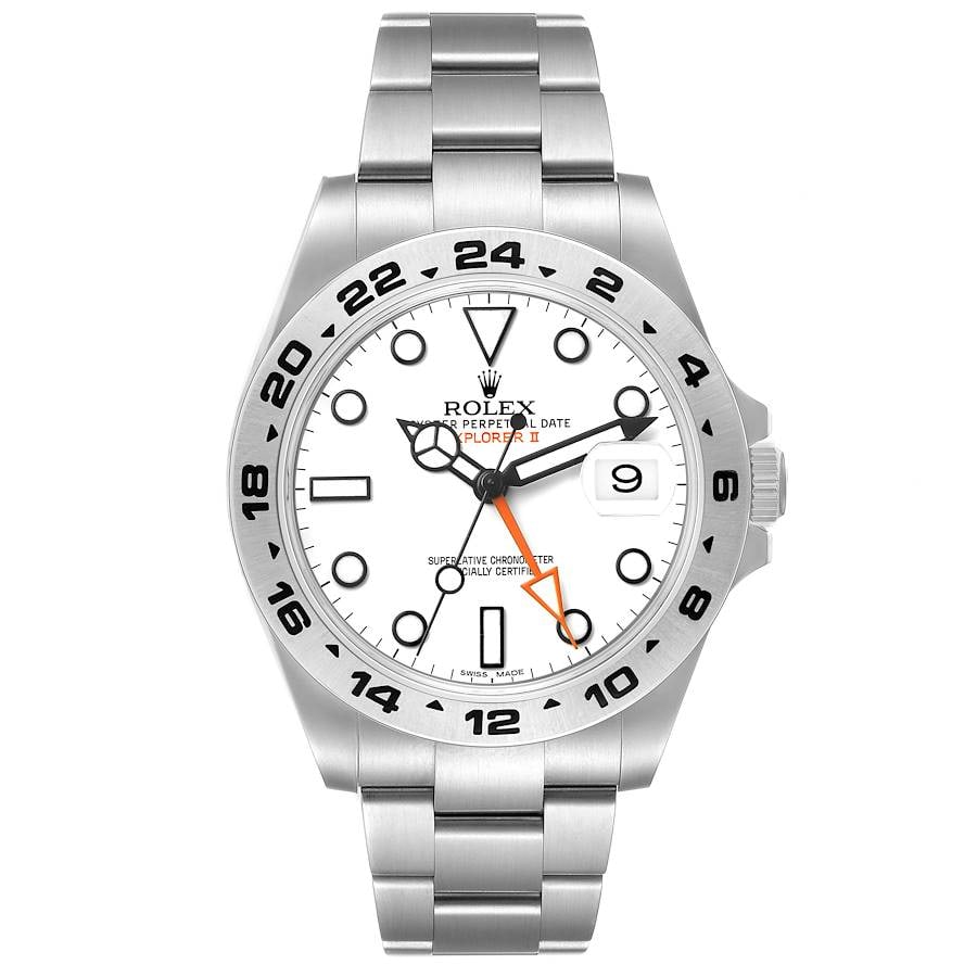 Rolex Explorer II 216570 White Dial Oyster Bracelet: Rolex Explorer II 216570 White Dial Oyster Bracelet This Rolex Explorer II features a white dial and is paired with an Oyster bracelet. The watch is identified by reference number 216570 and has a fix
