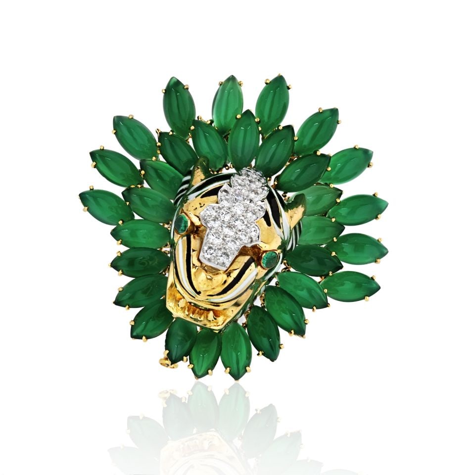 David Webb Tiger Brooch Platinum 18K Yellow Gold Diamonds Onyx: David Webb Tiger Brooch Platinum 18K Yellow Gold Diamonds Onyx This exquisite David Webb Tiger Brooch showcases a stunning tiger head design crafted in a luxurious combination of platinum and 18K yell