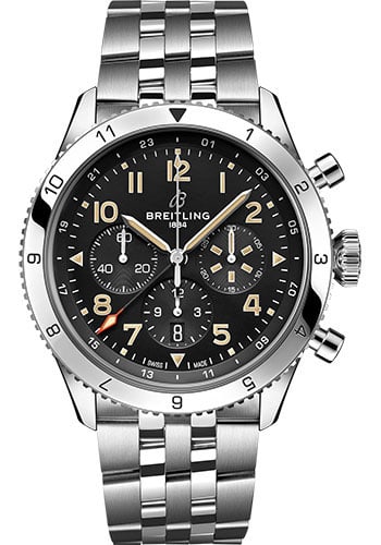 Super AVI B04 GMT Chronograph Black Dial AB04453A1B1A1 with Card: Super AVI B04 GMT Chronograph Black Dial AB04453A1B1A1 with Card This Breitling Super AVI B04 Chronograph GMT features a black dial and a rotating bezel, paired with a bracelet. The watch is designed 