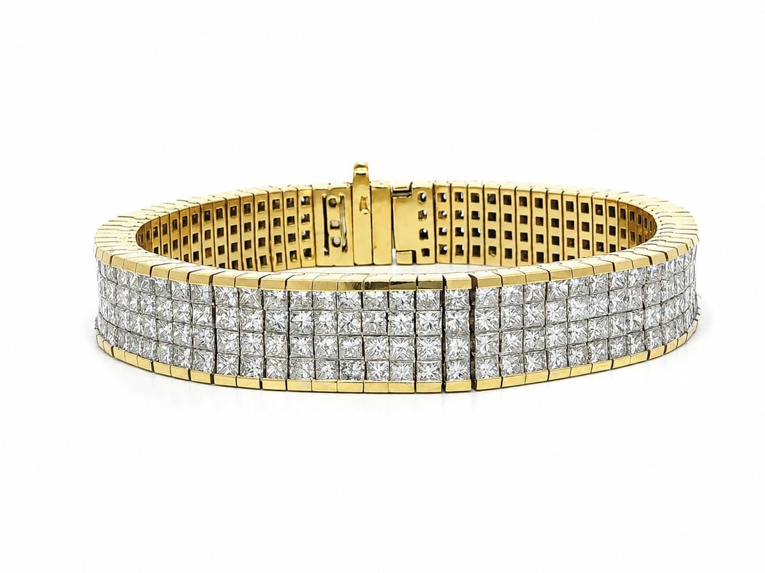 Princess Cut Diamond Yellow Gold Tennis Bracelet 20ctw 4 Row Wide Strap (1 of 10)
