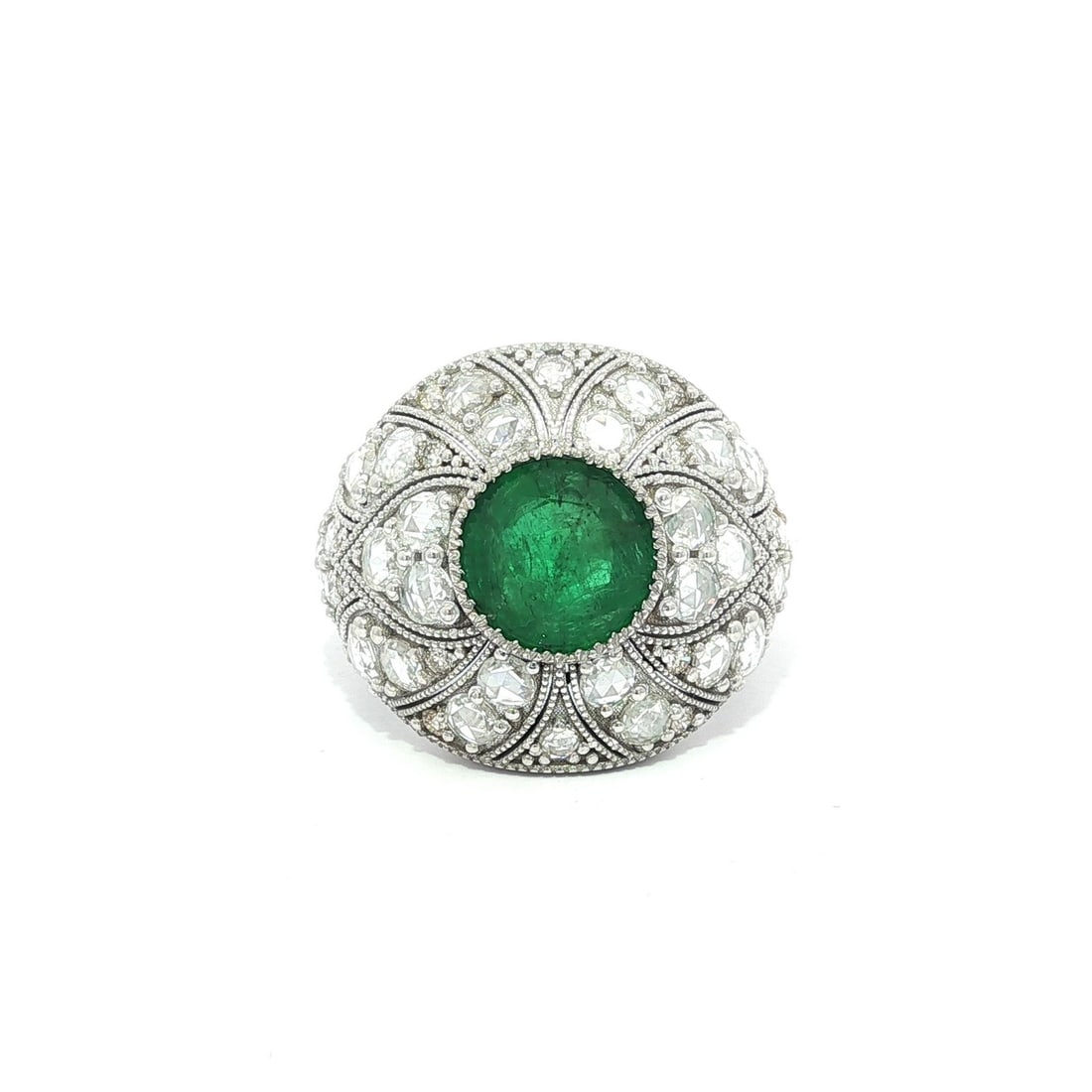 14k White Gold GIA Certified 3.83ct Emerald and Diamond Cocktail Ring: 14k White Gold GIA Certified 3.83ct Emerald and Diamond Cocktail Ring This exquisite cocktail ring showcases a stunning combination of natural gemstones set in solid 14k white gold. At its center, a r