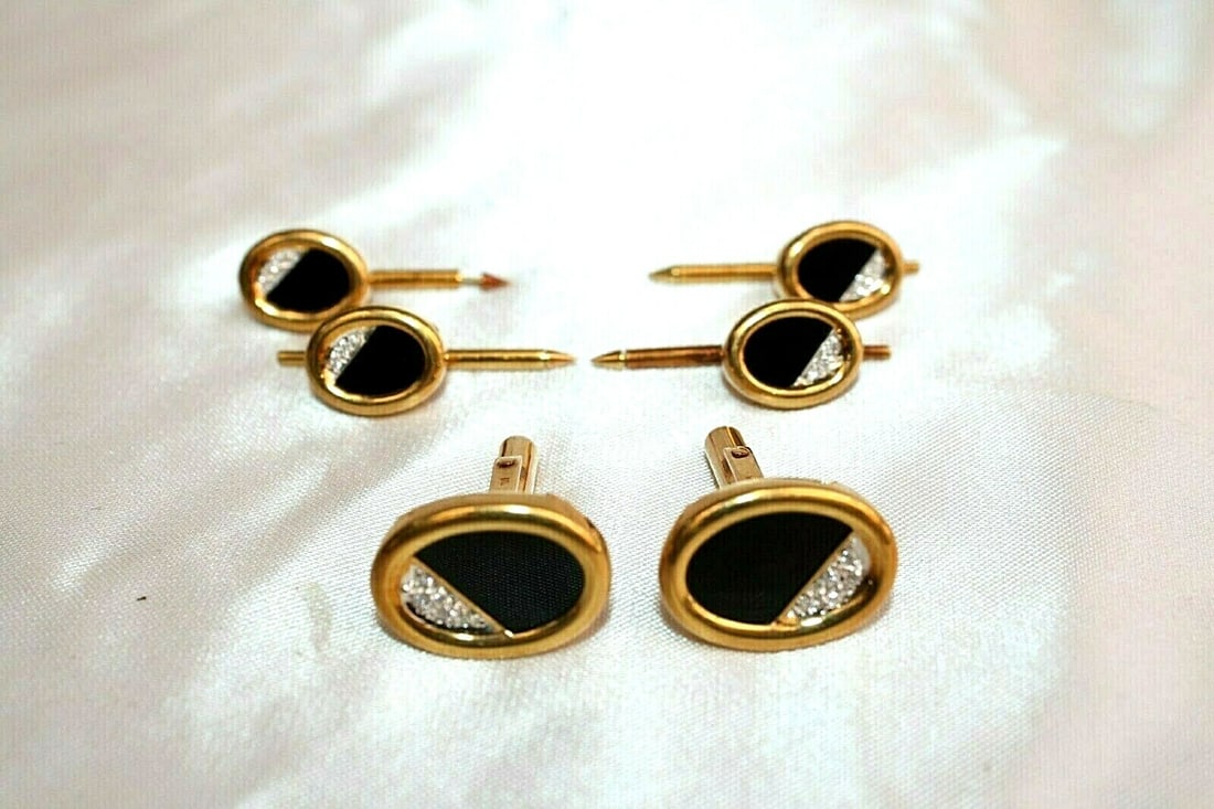French 18K Gold Diamond Onyx Cufflinks and Studs Set of 6: French 18K Gold Diamond Onyx Cufflinks and Studs Set of 6 This exquisite set features a total of six pieces, including a pair of cufflinks and four studs, crafted from luxurious 18K yellow gold with s