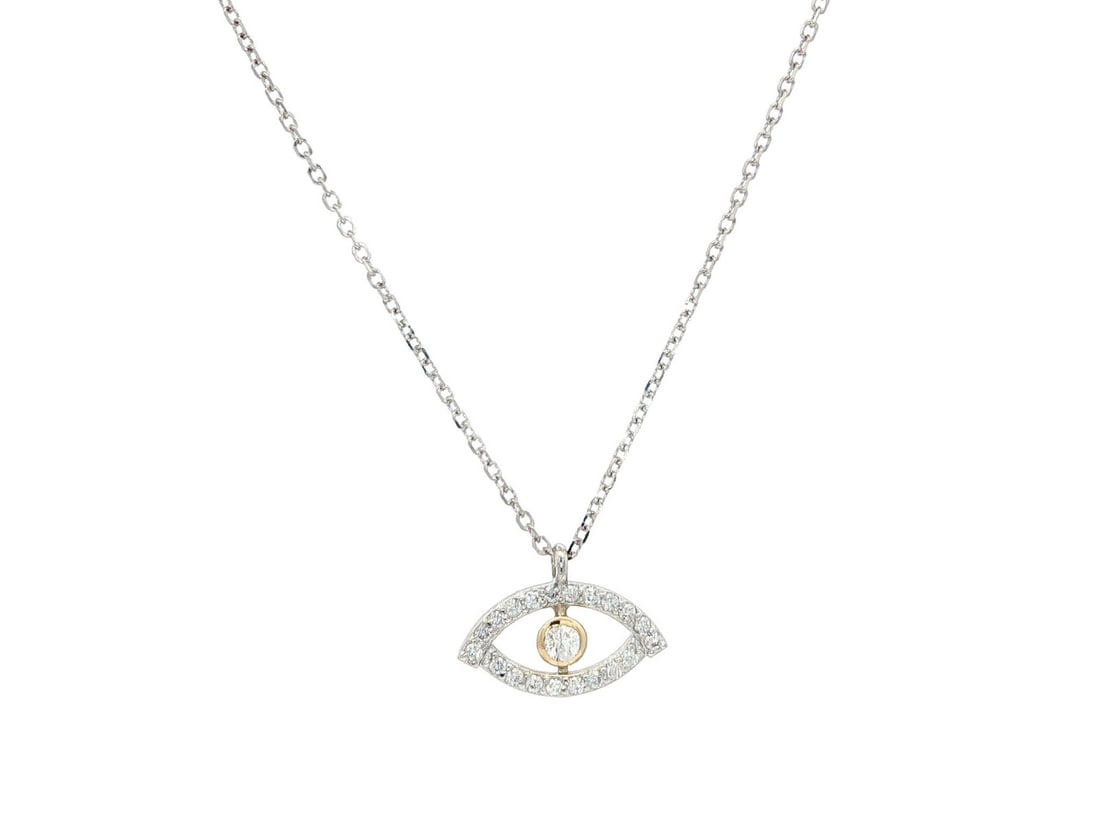14k Two Tone Gold 0.11ct Diamond Evil Eye Pendant Necklace: 14k Two Tone Gold 0.11ct Diamond Evil Eye Pendant Necklace This beautiful adjustable necklace features a stunning Evil Eye slide pendant crafted from solid 14k yellow and white gold. It showcases (21)
