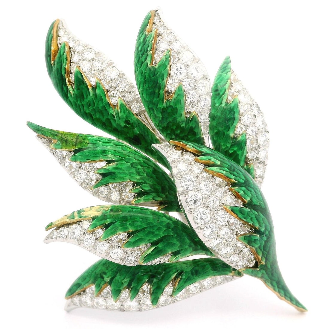 Diamond Green Enamel Leaf Brooch 16k 18k Two Tone Gold: Diamond Green Enamel Leaf Brooch 16k 18k Two Tone Gold This exquisite brooch features a vivid green enamel foliage leaf design, adorned with numerous round brilliant cut natural diamonds totaling appr