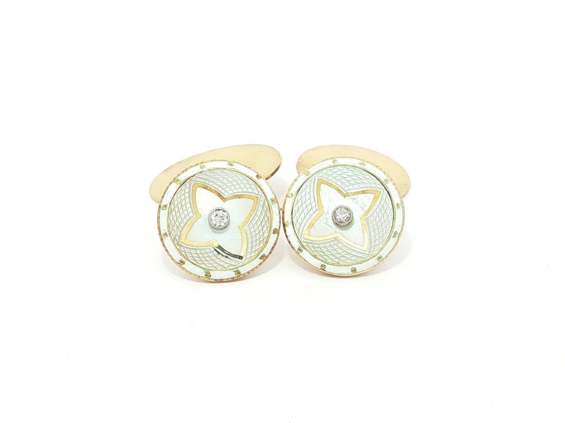 English Antique Gold Cufflinks with Diamonds Mother of Pearl and Enamel (1 of 8)