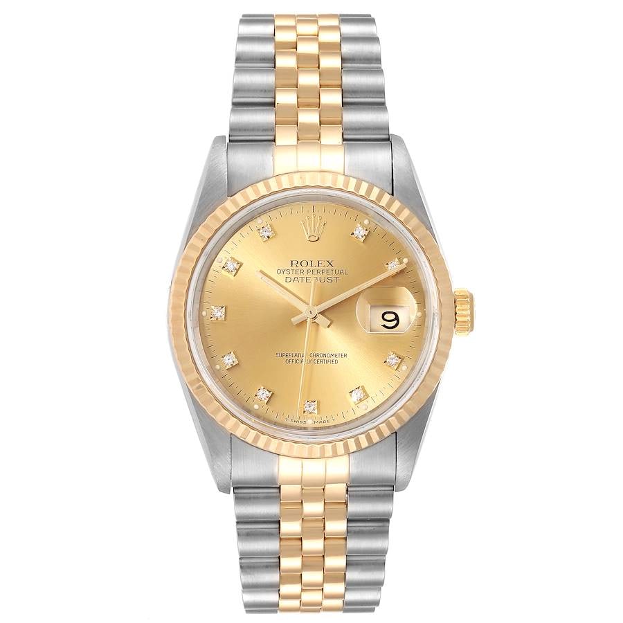 Rolex Datejust 16233G Gold Diamond Dial Jubilee Bracelet Mens: Rolex Datejust 16233G Gold Diamond Dial Jubilee Bracelet Mens This Rolex Datejust features a gold diamond dial, complemented by a fluted bezel and a D-Link Jubilee bracelet. The watch is designed for 