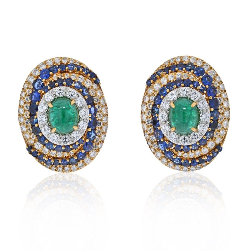David Webb Platinum 18K Gold Bombe Earrings with Diamonds Emeralds Sapphires: David Webb Platinum 18K Gold Bombe Earrings with Diamonds Emeralds Sapphires Elevate your style with these exquisite David Webb earrings, featuring a stunning bombe design crafted from a luxurious com