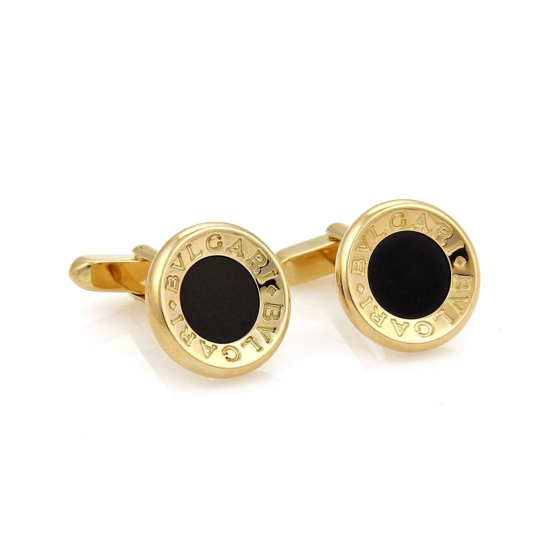 Bvlgari Concave Circle Cufflinks 18k Yellow Gold Black Onyx: Bvlgari Concave Circle Cufflinks 18k Yellow Gold Black Onyx Pre-owned Bvlgari cufflinks in the maison's signature concave circle design, accented with black onyx centers. Crafted in 18k yellow gold an