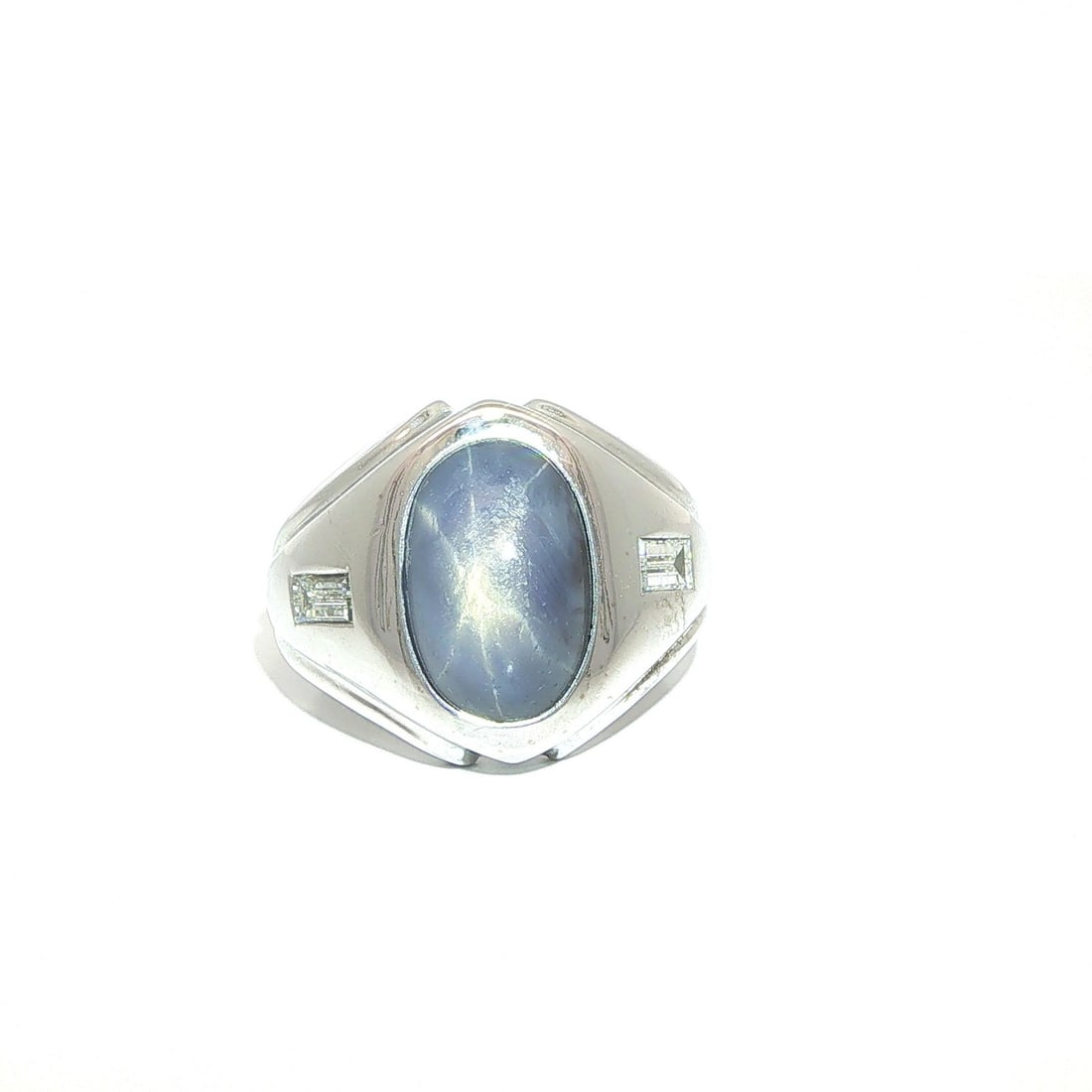 14k White Gold Men's Star Sapphire Ring with Baguette Diamonds (1 of 12)