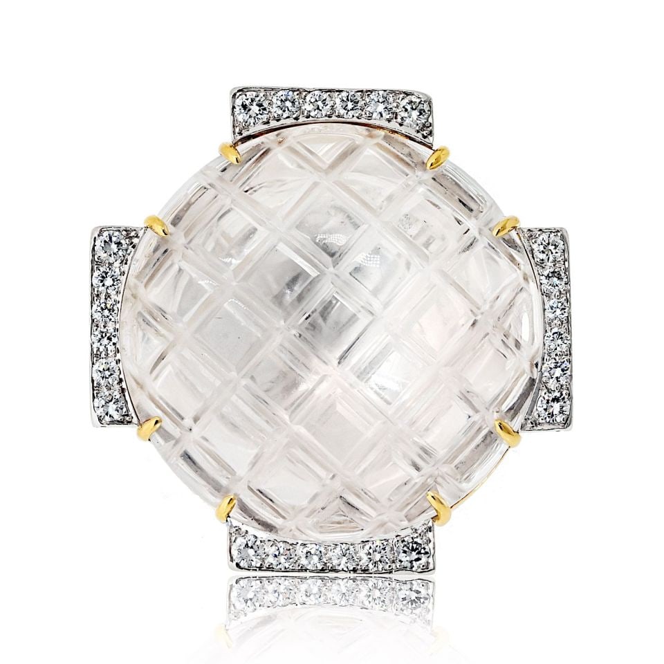 David Webb Diamond Rock Crystal Ring Platinum 18K Yellow Gold: David Webb Diamond Rock Crystal Ring Platinum 18K Yellow Gold One-of-a-kind David Webb estate ring featuring an octagonal rock crystal design with diamond accents on the north, south, east, and west f