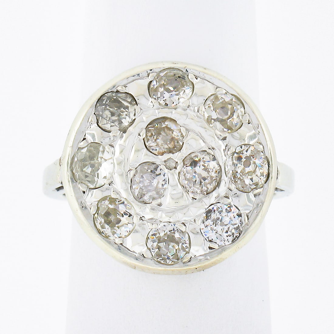 Antique Art Deco Handmade 14K White Gold 1.25ct Old Mine Cut Diamond Ring: Antique Art Deco Handmade 14K White Gold 1.25ct Old Mine Cut Diamond Ring This exquisite Antique Art Deco ring is crafted from solid 14K white gold, showcasing a stunning platter style adorned with a 
