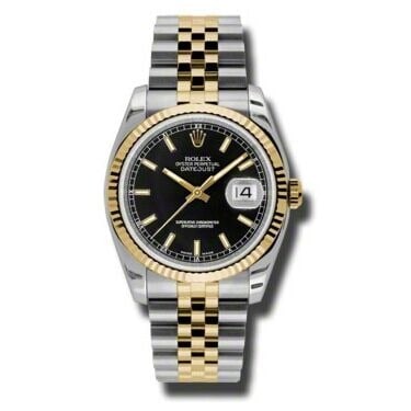 Rolex Datejust 36 Jubilee Black Dial Ref 116233: Rolex Datejust 36 Jubilee Black Dial Ref 116233 This Rolex Datejust 36 features a black dial, a fluted bezel, and is paired with the iconic Jubilee bracelet. The watch is identified by reference numbe