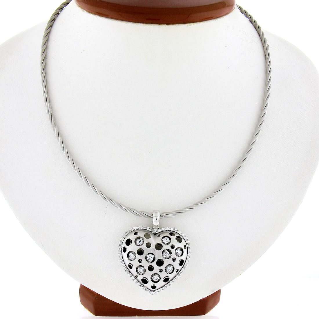 Natasha 18K White Gold Diamond Heart Pendant Necklace 1.31ctw on Rope Chain: Natasha 18K White Gold Diamond Heart Pendant Necklace 1.31ctw on Rope Chain This stunning heart-shaped pendant features a beautiful 18K white gold construction, adorned with a total of 1.31 carats of 
