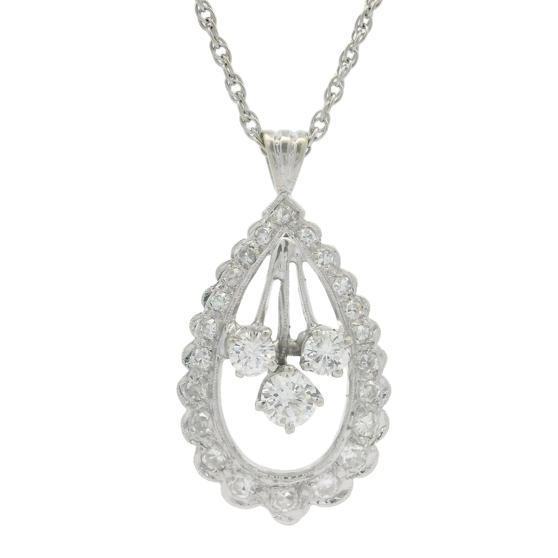 Vintage 14K White Gold Diamond Teardrop Pendant Necklace 1.06ctw: Vintage 14K White Gold Diamond Teardrop Pendant Necklace 1.06ctw This stunning vintage pendant features a teardrop design crafted from solid 14k white gold, adorned with a total of 1.06 carats of genu