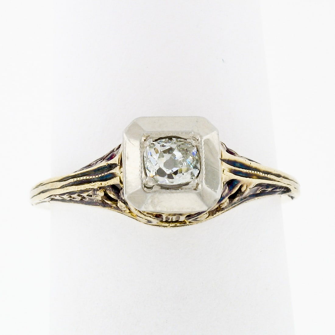 Antique Edwardian 14K Gold Old Mine Diamond Filigree Engagement Ring: Antique Edwardian 14K Gold Old Mine Diamond Filigree Engagement Ring This exquisite antique engagement ring hails from the Edwardian era, skillfully crafted in solid 14K yellow gold with a white gold 