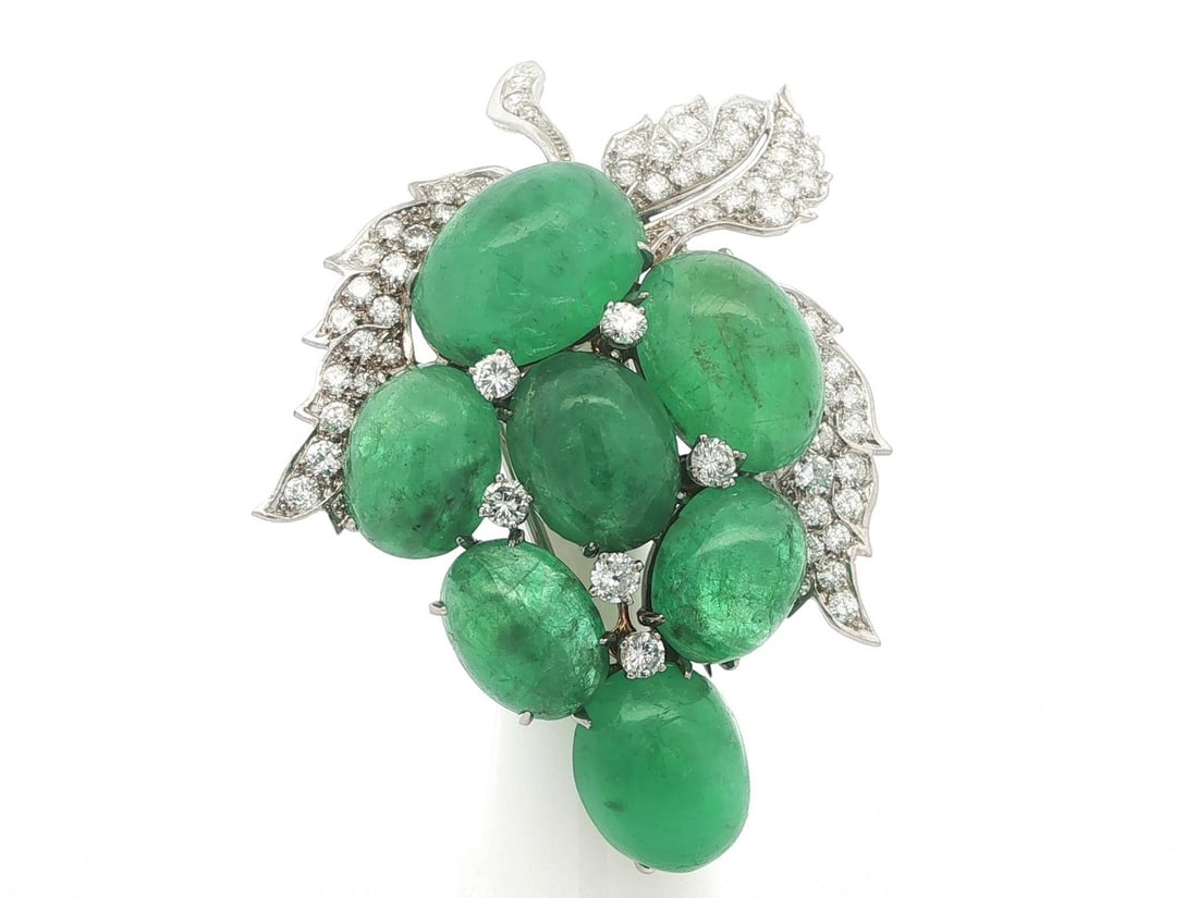 GIA certified emerald diamond cluster brooch 93.5ctw white gold platinum (1 of 11)
