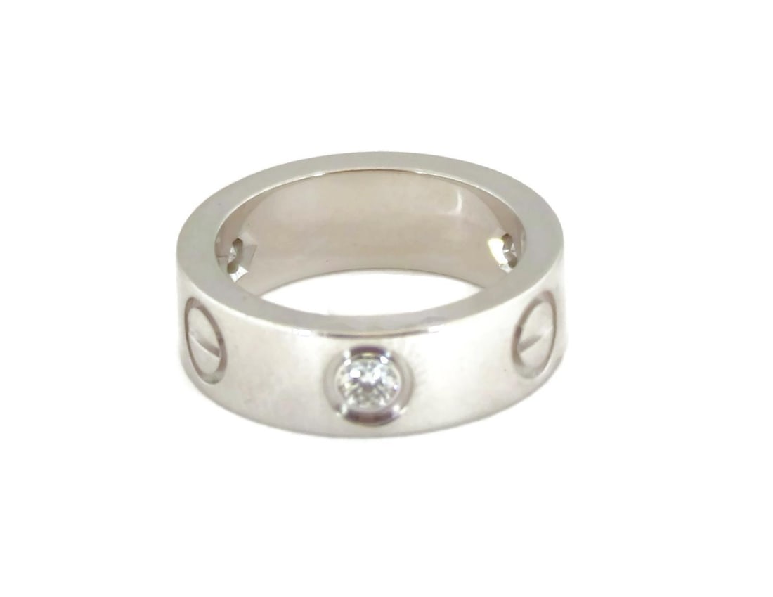 Cartier Love 3 Diamond 18k White Gold Band Ring US 3.5: Cartier Love 3 Diamond 18k White Gold Band Ring US 3.5 Discover this exquisite band ring from Cartier's LOVE collection, expertly crafted from 18k white gold featuring a lustrous polished finish. Ador