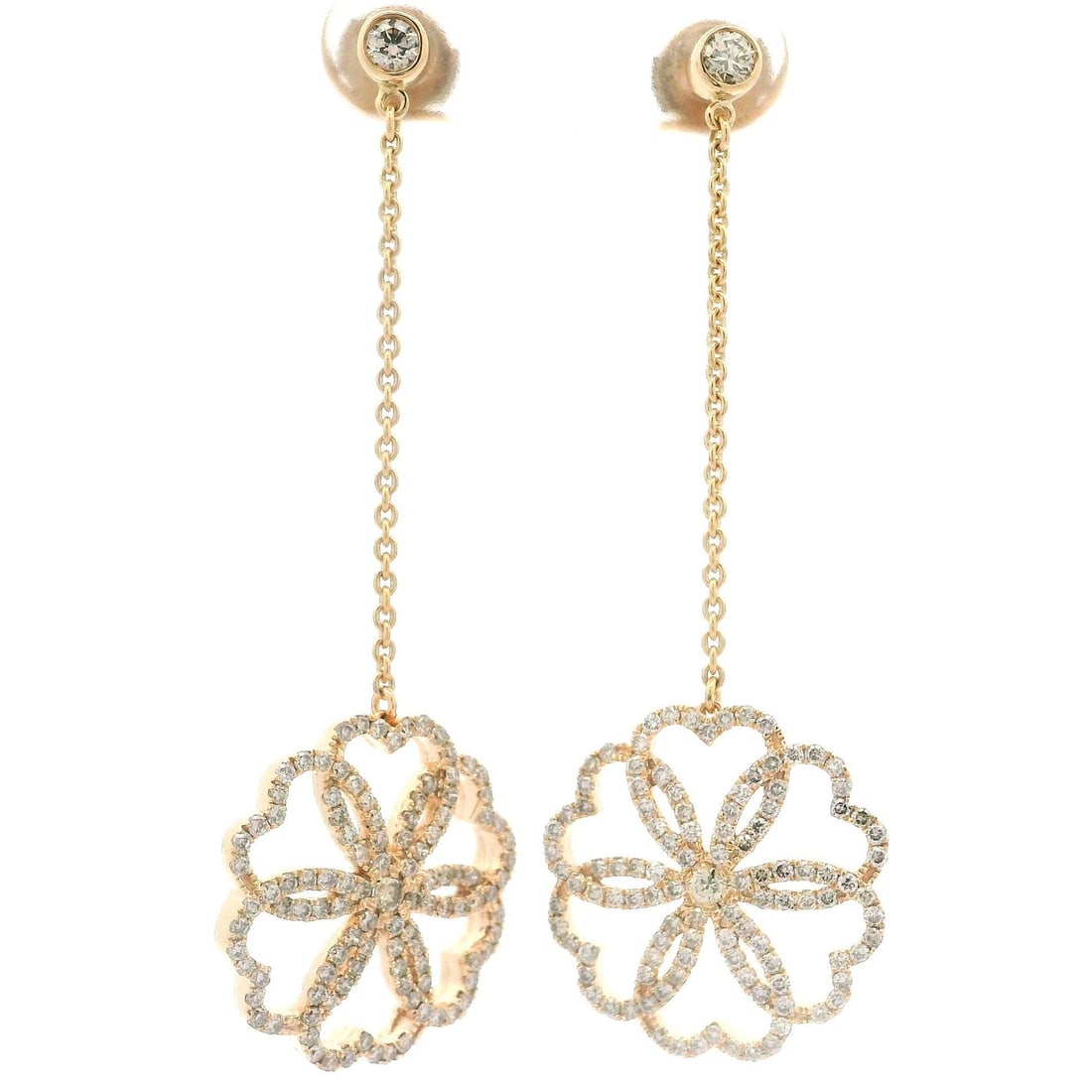 18k Yellow Gold 1.30ctw Diamond Floral Dangle Drop Earrings: 18k Yellow Gold 1.30ctw Diamond Floral Dangle Drop Earrings Elevate your elegance with these exquisite 18k Yellow Gold Dangle Drop Earrings, adorned with 1.30 carats of natural genuine diamonds. Each 