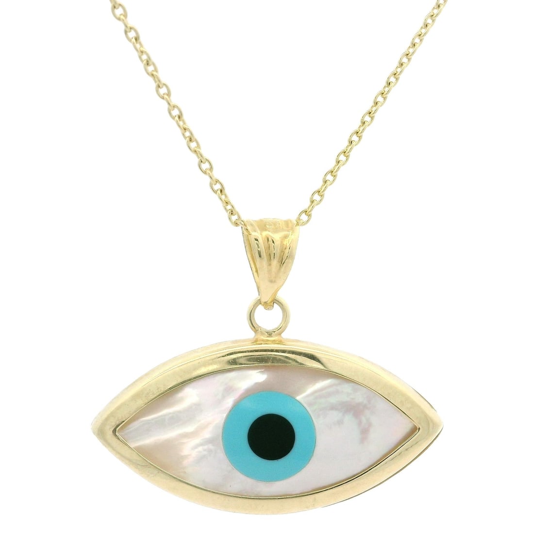 14K Yellow Gold Evil Eye Pendant with Mother of Pearl and Stones on 16 Inch Chain: 14K Yellow Gold Evil Eye Pendant with Mother of Pearl and Stones on 16 Inch Chain This exquisite pendant features a large Evil Eye design crafted from genuine Mother of Pearl, enhanced with blue and b