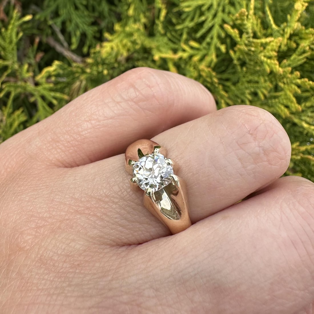GIA 14k Yellow Gold Old Mine Cushion Diamond Solitaire Ring 1.16ct F VS2: GIA 14k Yellow Gold Old Mine Cushion Diamond Solitaire Ring 1.16ct F VS2 This antique diamond solitaire ring features a certified 1.16 carat natural old mine cushion brilliant cut diamond, graded F fo