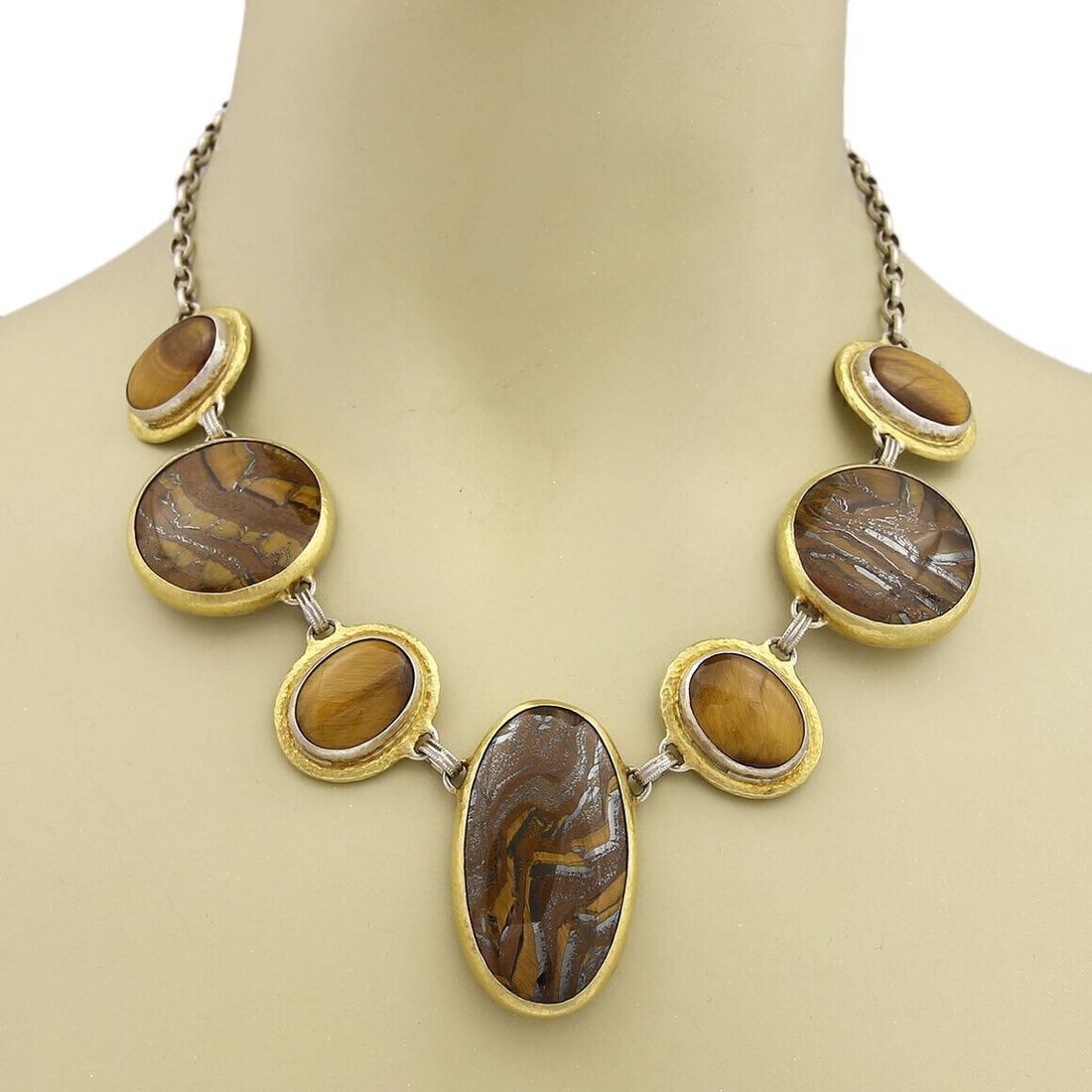 Gurhan Galapagos One of a Kind Tiger Eye Station Necklace Sterling 24k Overlay: Gurhan Galapagos One of a Kind Tiger Eye Station Necklace Sterling 24k Overlay Handcrafted one-of-a-kind necklace from the Galapagos collection, featuring seven Tiger's Eye gemstones in a sculptural s