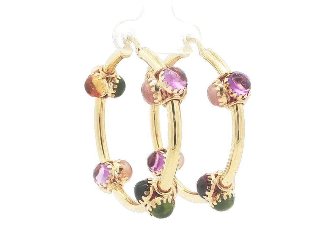 Italian 18k Yellow Gold Hoop Earrings With Multicolor Cabochon Gemstones: Italian 18k Yellow Gold Hoop Earrings With Multicolor Cabochon Gemstones These Italian hoop earrings are crafted from solid 18k yellow gold and feature a vibrant array of round cabochon gemstones, inc