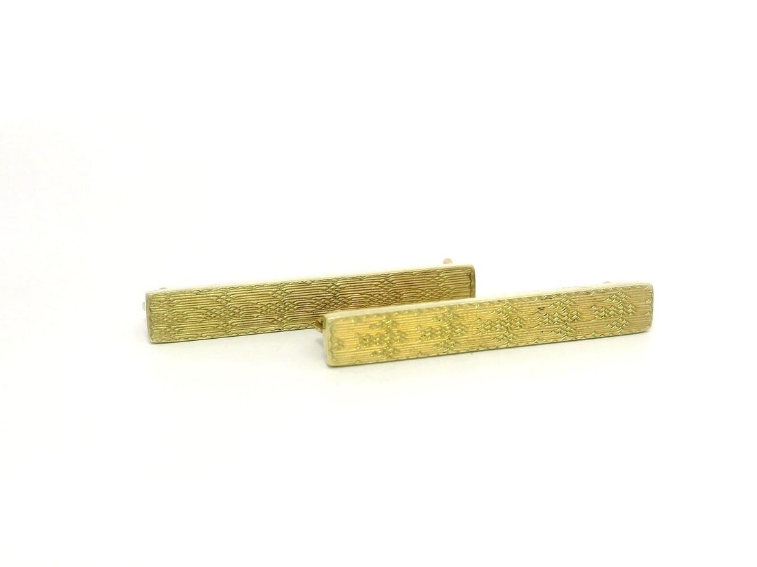 Antique Art Nouveau 14k Yellow Gold Hand Engraved Bar Pin Brooch Pair: Antique Art Nouveau 14k Yellow Gold Hand Engraved Bar Pin Brooch Pair This exquisite antique Art Nouveau brooch features a hand-engraved design crafted from solid 14k yellow gold. With a petite size a