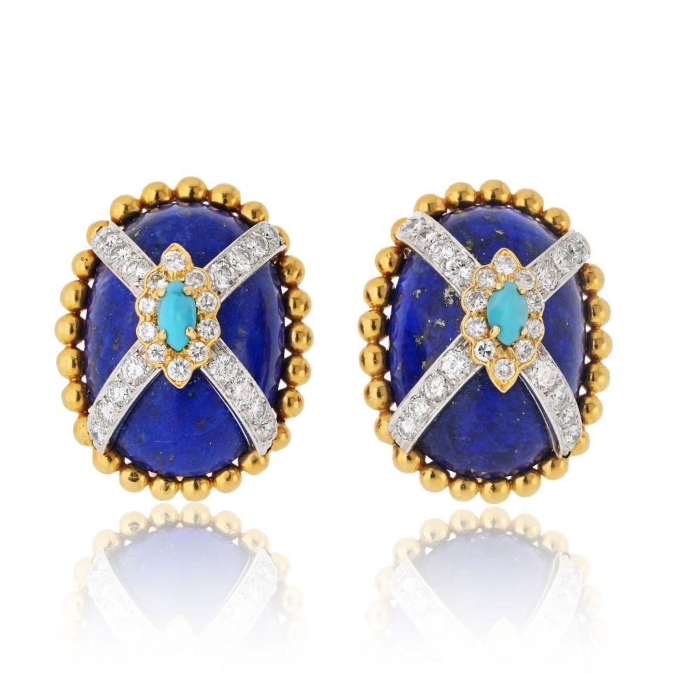David Webb Platinum 18K Gold Turquoise Lapis Diamond Clip-On Earrings: David Webb Platinum 18K Gold Turquoise Lapis Diamond Clip-On Earrings These David Webb Clip-On Earrings are a masterpiece of bold design and fine craftsmanship. Each earring measures 1 inch in length 