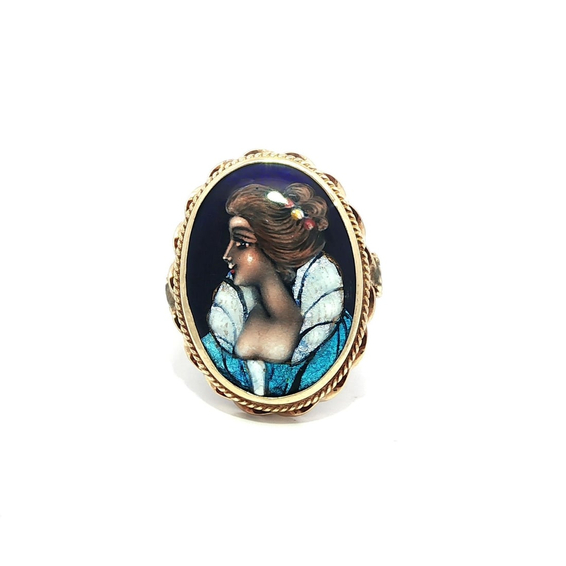 Vintage French 13-14k Yellow Gold Hand Painted Glass Portrait Cocktail Ring: Vintage French 13-14k Yellow Gold Hand Painted Glass Portrait Cocktail Ring This exquisite Vintage French Cocktail Ring features a unique hand-painted glass portrait of a lady, elegantly framed in sol