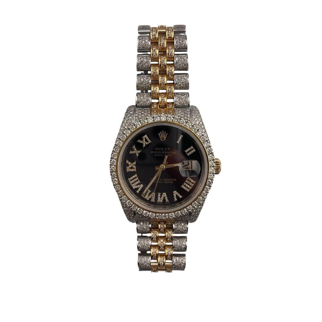 Rolex Datejust 116233 Diamond Bezel Black Roman Dial Jubilee Bracelet: Rolex Datejust 116233 Diamond Bezel Black Roman Dial Jubilee Bracelet This Rolex Datejust features a black Roman numeral dial, a diamond bezel, and a Jubilee bracelet. Designed for men, it is identifi