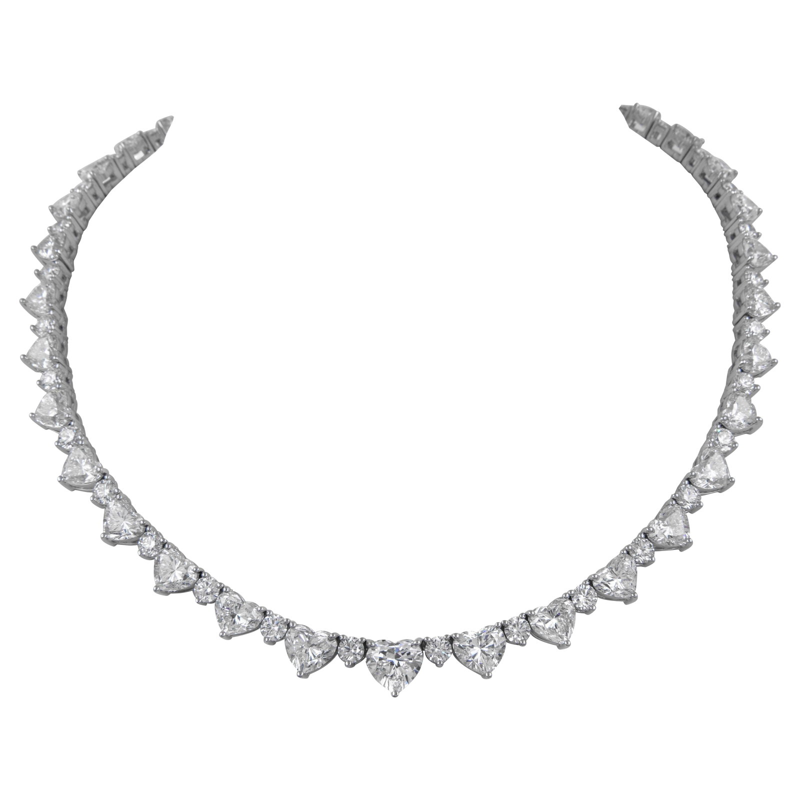 50.66ct GIA Heart Diamond Necklace 18k White Gold: 50.66ct GIA Heart Diamond Necklace 18k White Gold This exquisite tennis necklace features a stunning collection of GIA certified heart and round diamonds set in luxurious 18k white gold. The piece sho