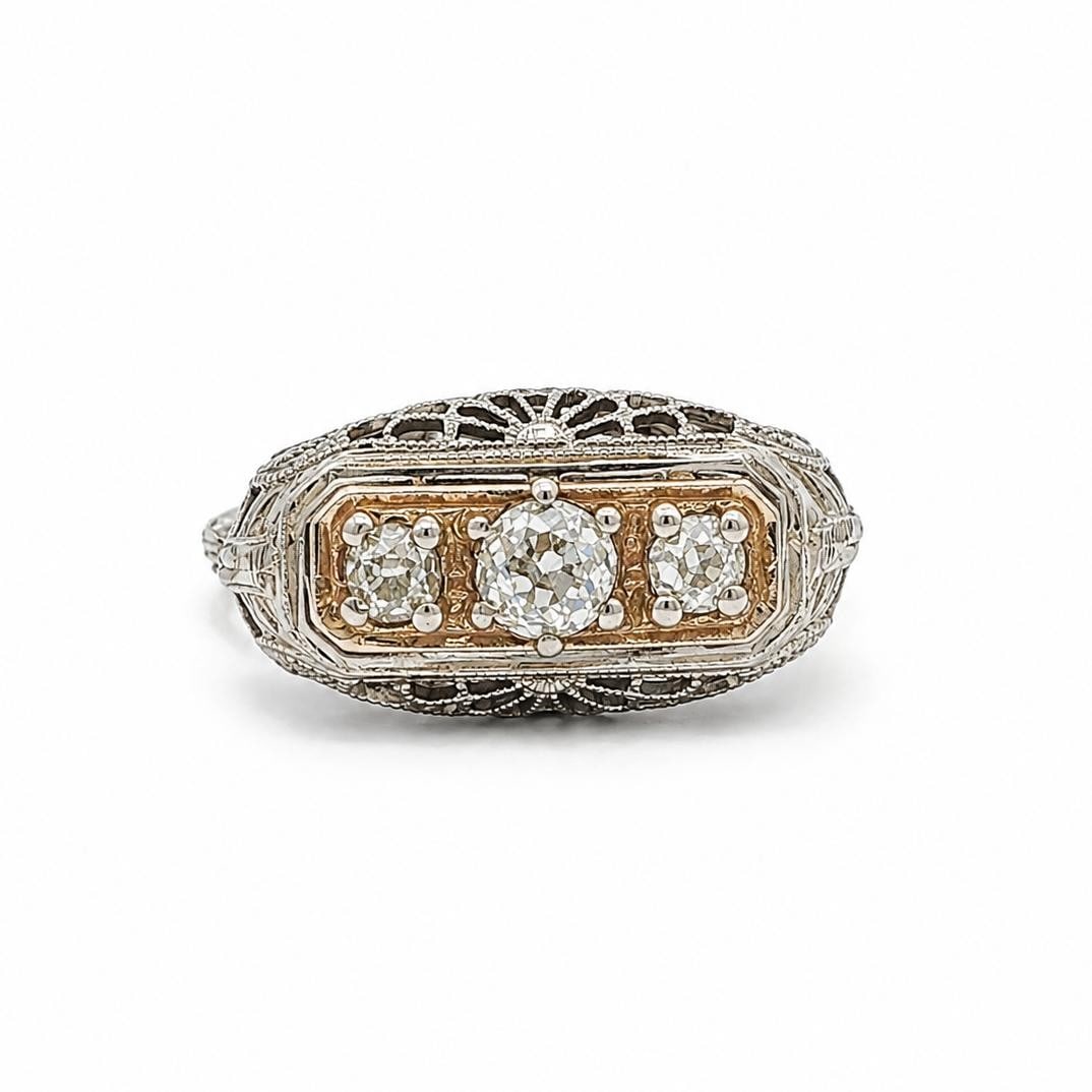 Art Deco 14k Yellow Gold Filigree Ring 3 Old Mine Cut Diamonds 0.45ctw: Art Deco 14k Yellow Gold Filigree Ring 3 Old Mine Cut Diamonds 0.45ctw This antique Art Deco cocktail ring features three natural, chunky old mine cut diamonds with a total carat weight of approximate