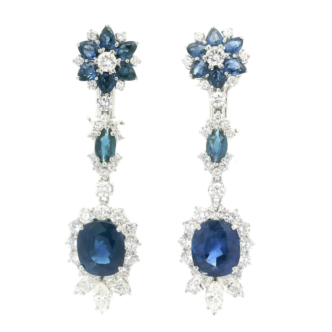 Vintage Platinum GIA Certified 9.91ctw Sapphire Diamond Dangle Earrings: Vintage Platinum GIA Certified 9.91ctw Sapphire Diamond Dangle Earrings Discover a pair of exquisite vintage dangle earrings crafted from solid platinum with white gold backings. These earrings featur