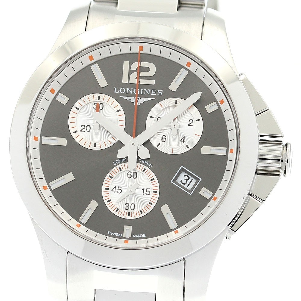 Longines Conquest Quartz Chronograph Stainless Steel Men's Wristwatch: Longines Conquest Quartz Chronograph Stainless Steel Men's Wristwatch This Longines Conquest Chronograph Quartz men's wristwatch features a stainless steel case and bracelet with a gray dial. The watc