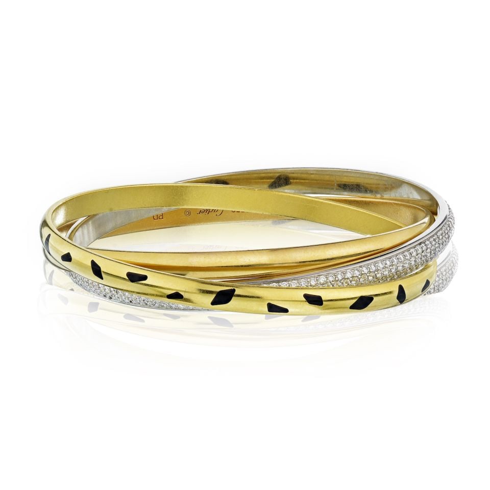 Cartier Trinity 18K Gold Diamond Bracelet with Lacquer Finish: Cartier Trinity 18K Gold Diamond Bracelet with Lacquer Finish This stunning Cartier Trinity bracelet features a unique design crafted from 18K yellow, white, and rose gold. The piece showcases 4.05 ca
