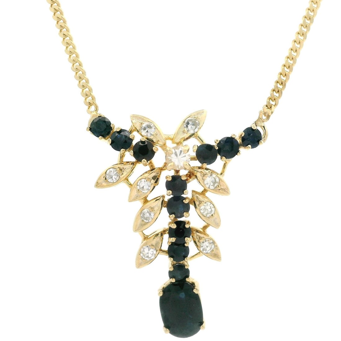Vintage 14k Gold 2.75ct Sapphire Diamond Floral Pendant Necklace: Vintage 14k Gold 2.75ct Sapphire Diamond Floral Pendant Necklace This exquisite vintage necklace features a stunning floral pendant crafted from solid 14k yellow gold. The pendant showcases a striking
