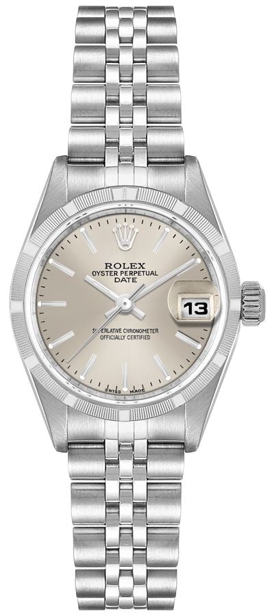 Rolex Oyster Perpetual Date Ladies Jubilee Ref 79190 Papers: Rolex Oyster Perpetual Date Ladies Jubilee Ref 79190 Papers This ladies' Rolex Oyster Perpetual Date features a refined silver stick dial and an engine-turned bezel, complemented by the classic Jubile