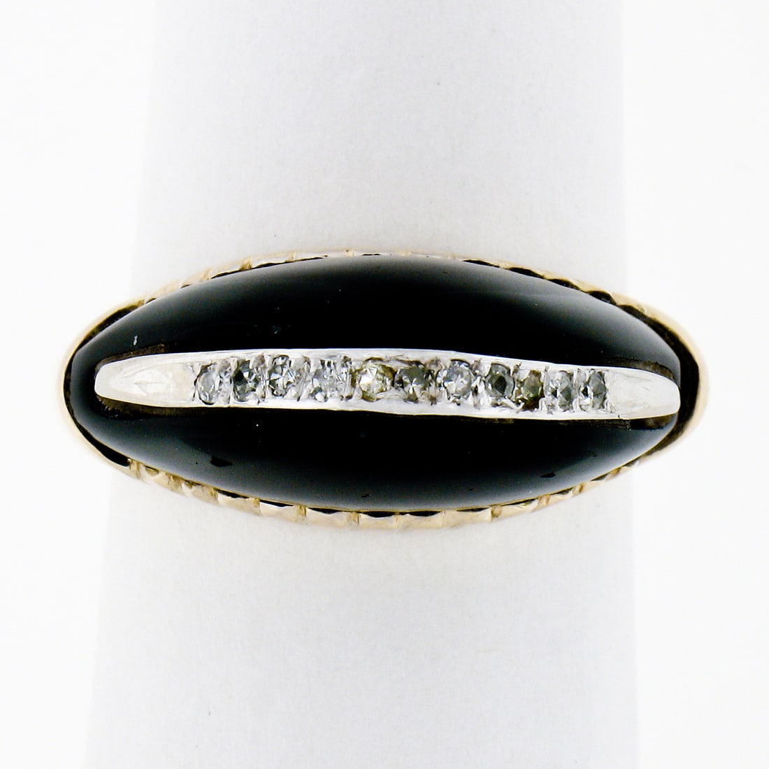 Vintage 14K Yellow Gold Pave Diamond Onyx Cocktail Ring: Vintage 14K Yellow Gold Pave Diamond Onyx Cocktail Ring This exquisite vintage ring is crafted from solid 14K yellow gold and features a stunning domed, custom-cut black onyx at its center. The ring i