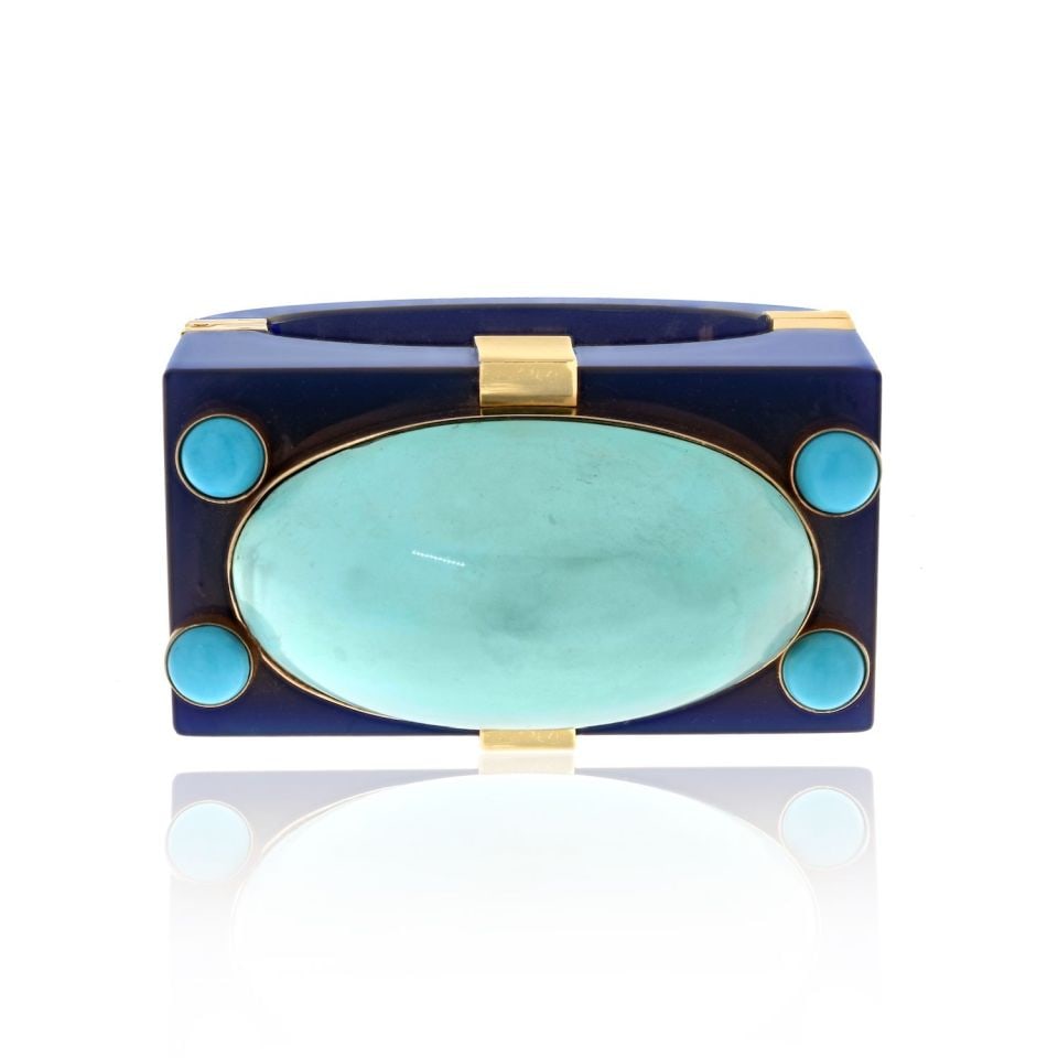 Seaman Schepps 14K Gold Turquoise Bakelite Cuff Bracelet 1950s Art: Seaman Schepps 14K Gold Turquoise Bakelite Cuff Bracelet 1950s Art This exquisite Seaman Schepps cuff bracelet is a stunning example of 1950s design, beautifully crafted in 14K yellow gold. It feature
