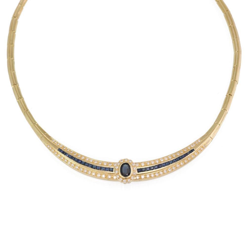 Estate 6.25ct Diamond Sapphire 18k Yellow Gold Necklace: Estate 6.25ct Diamond Sapphire 18k Yellow Gold Necklace This exquisite Estate necklace features a stunning design crafted from 18k yellow gold with a polished finish. The centerpiece spans approximate