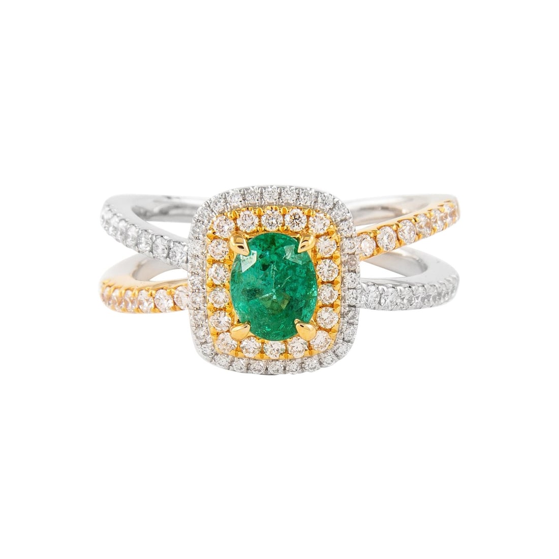 Contemporary 1.17ct Emerald Diamond Halo Ring 14k Gold: Contemporary 1.17ct Emerald Diamond Halo Ring 14k Gold This stunning contemporary ring features a captivating halo design crafted from 14k yellow and white gold. The ring showcases a striking oval cut