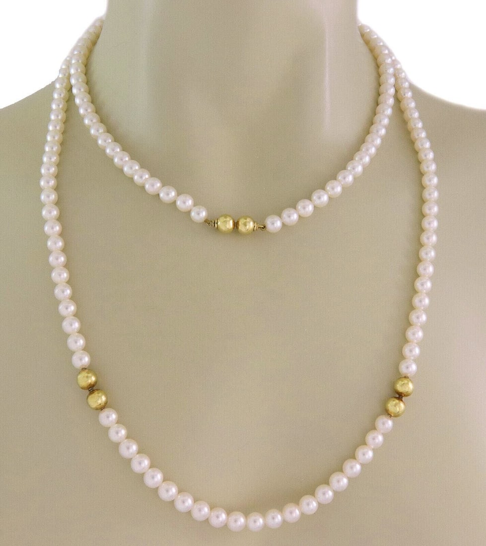 Mikimoto Pearl Strand Necklace Convertible 18k Gold Beaded 43in: Mikimoto Pearl Strand Necklace Convertible 18k Gold Beaded 43in This Mikimoto convertible pearl strand necklace is crafted in 18k yellow gold and features pearls with gold bead accents and a convertib