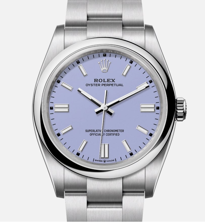 Rolex Oyster Perpetual 134300 Lavender Dial Oyster Bracelet New Style Card: Rolex Oyster Perpetual 134300 Lavender Dial Oyster Bracelet New Style Card This Rolex Oyster Perpetual features a distinctive lavender dial and comes with a smooth bezel. It is equipped with an Oyster