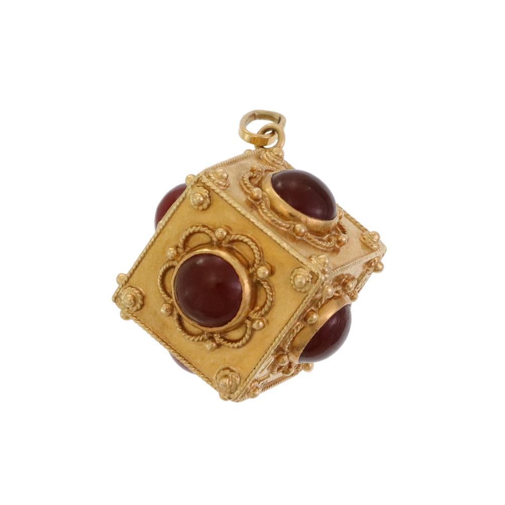Etruscan Floral Box Pendant 18k Yellow Gold Carnelian Gemstone: Etruscan Floral Box Pendant 18k Yellow Gold Carnelian Gemstone This exquisite Estate Etruscan pendant is designed in a floral style, crafted from 18k yellow gold with a polished finish. It features a 
