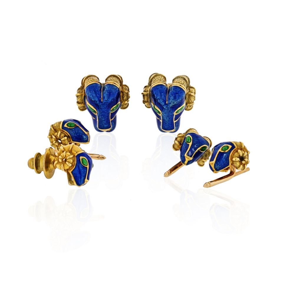 David Webb 18K Gold Ram Head Cuff Links and Stud Set with Blue Enamel and Emeralds (1 of 1)