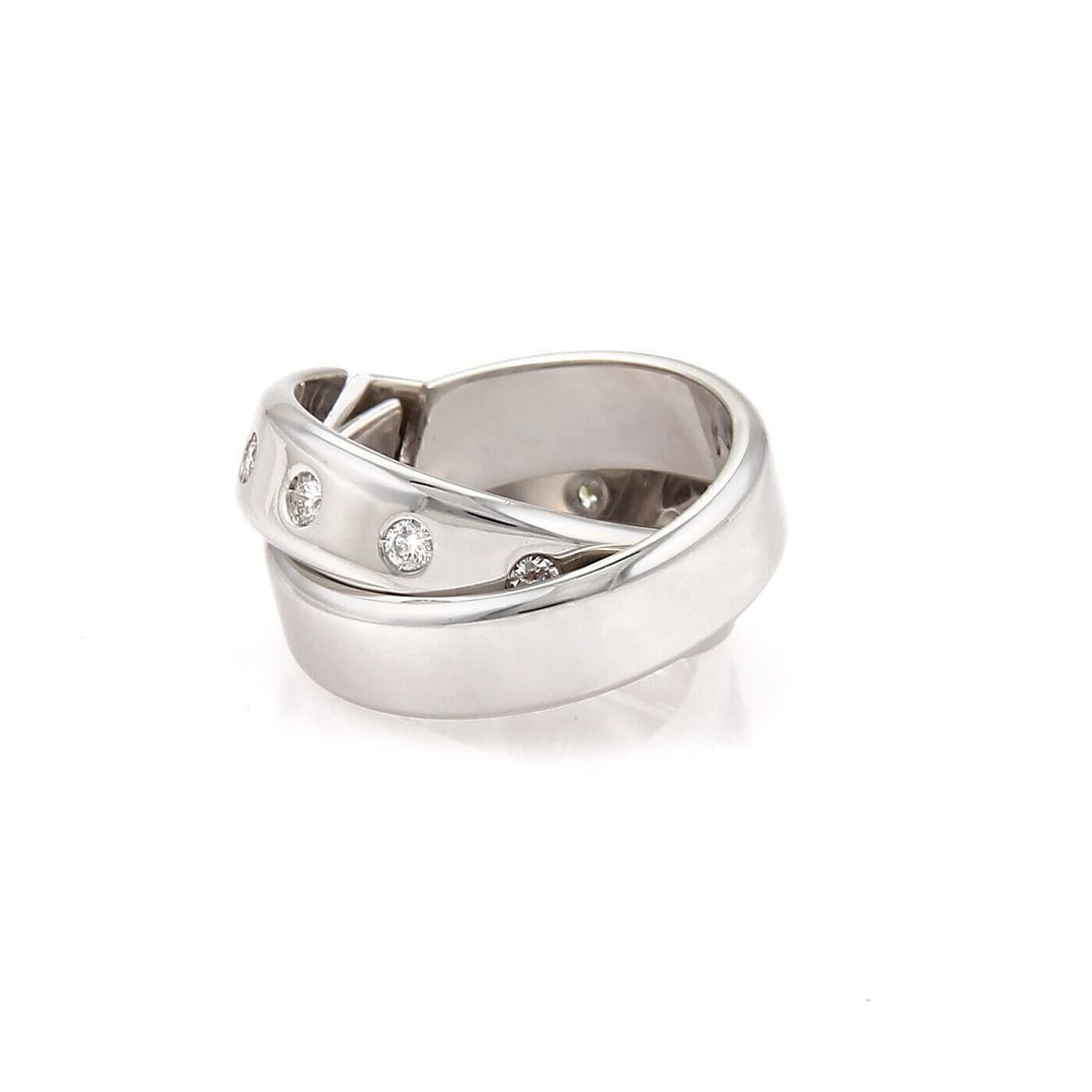 Hermes Interlock Double Band Ring 18k White Gold Diamond Size 5: Hermes Interlock Double Band Ring 18k White Gold Diamond Size 5 A pre-owned Hermes Interlock Double Band Ring in 18k white gold, accented with diamonds totaling approximately 0.12 ct. The ring feature